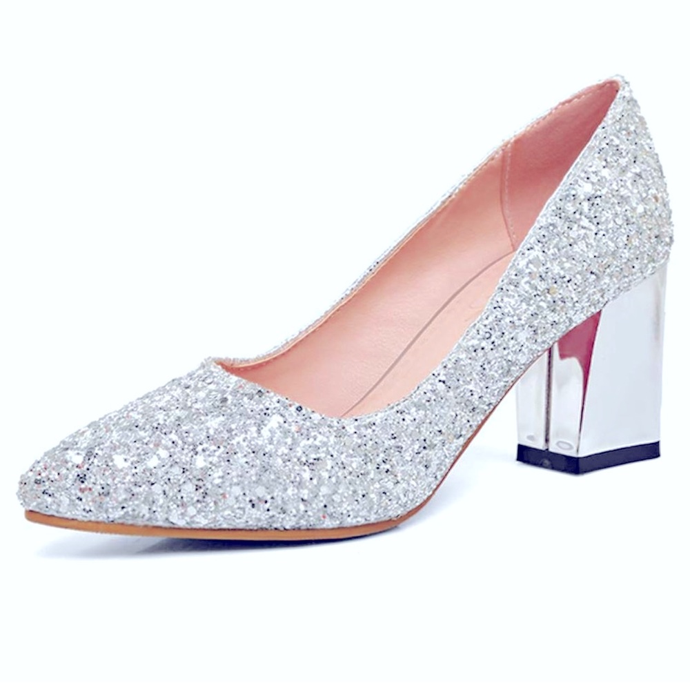 Women's Sparkling Glitter Chunky Heel Closed Toe Pumps.